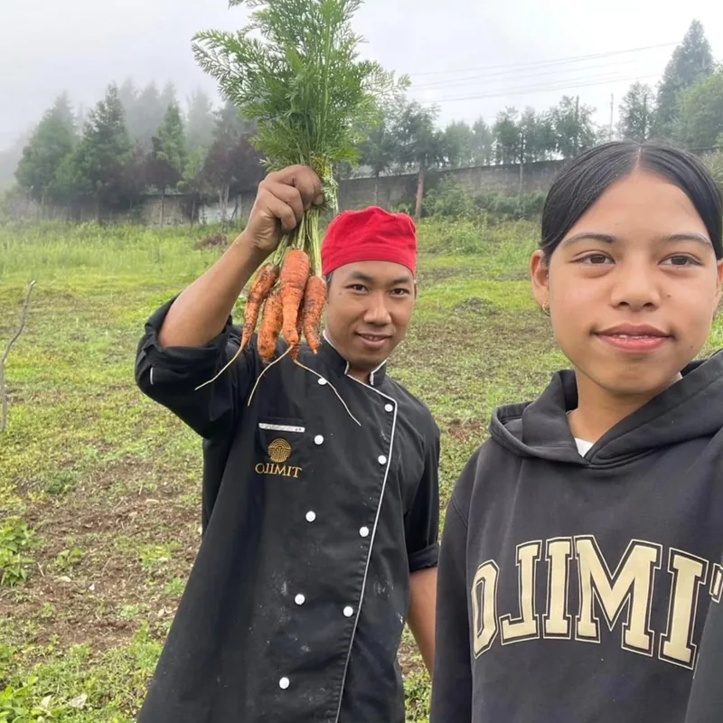 Our kitchen team picking vegetables at the organic garden