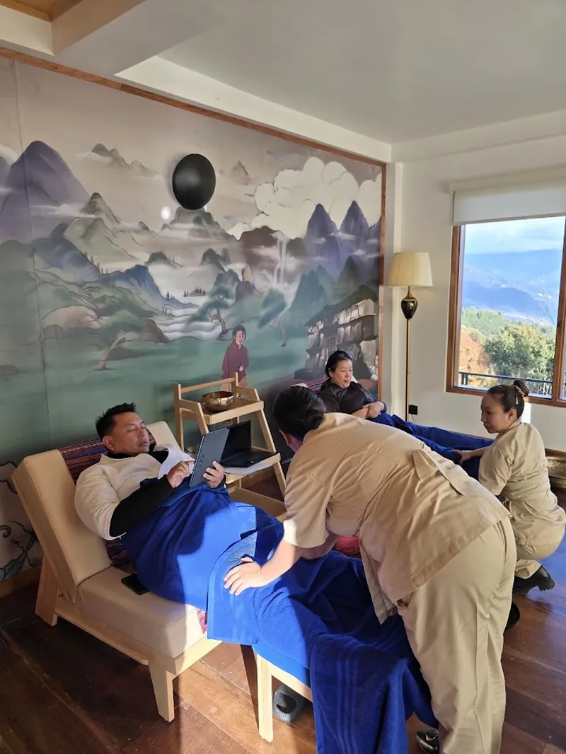 A treatment beneath the painted mountain mural at Sowa by Timilo