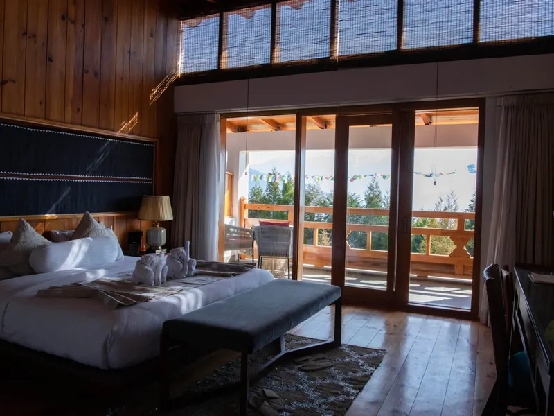 The Royal Double, full-height beamed ceiling and balcony